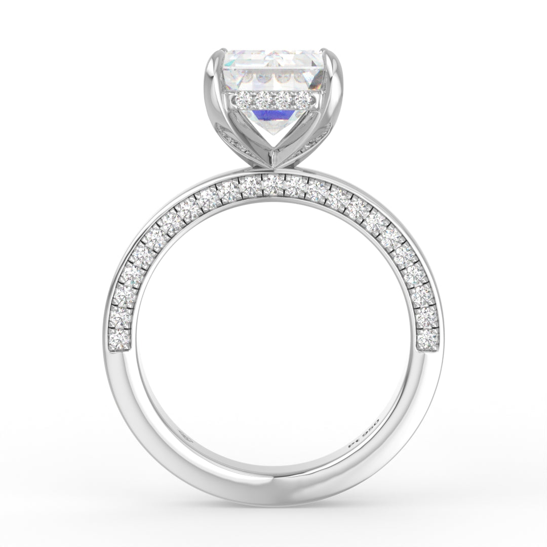 Celeste Emerald cut Lab Diamond with Cigar band and half set Diamond sides & hidden halo