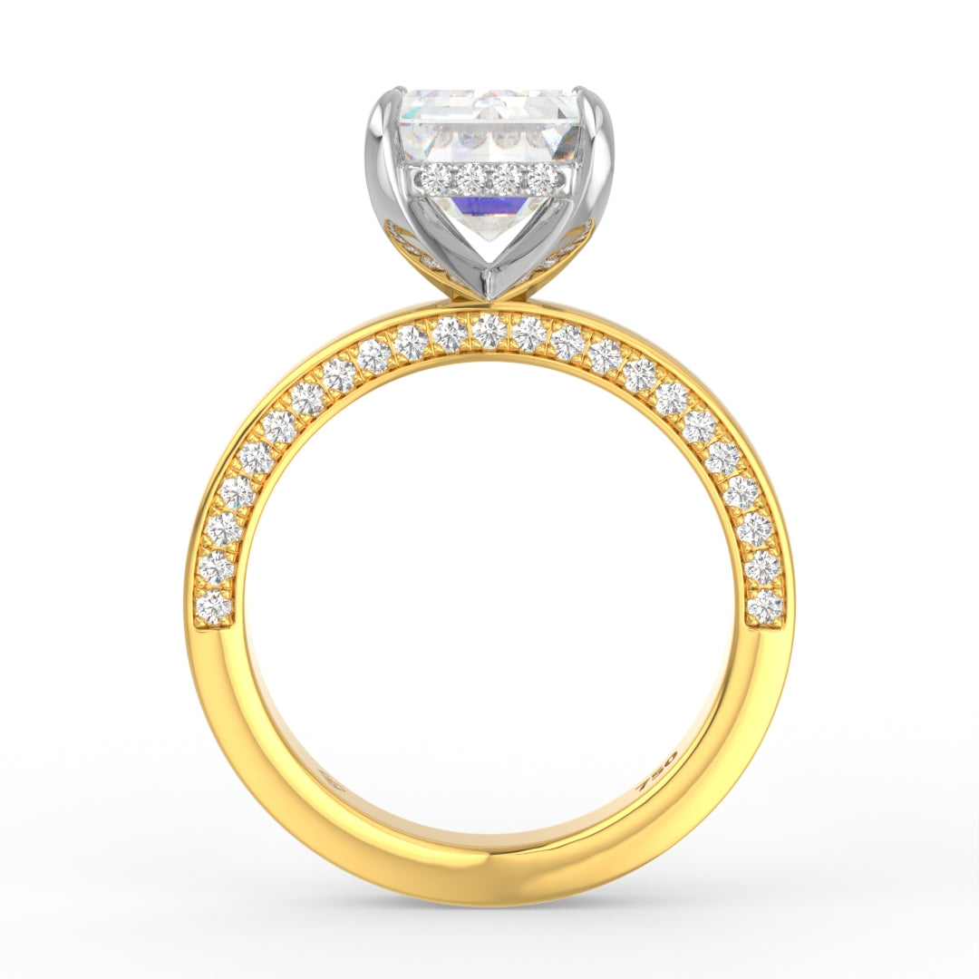 Celeste Emerald cut Lab Diamond with Cigar band and half set Diamond sides & hidden halo