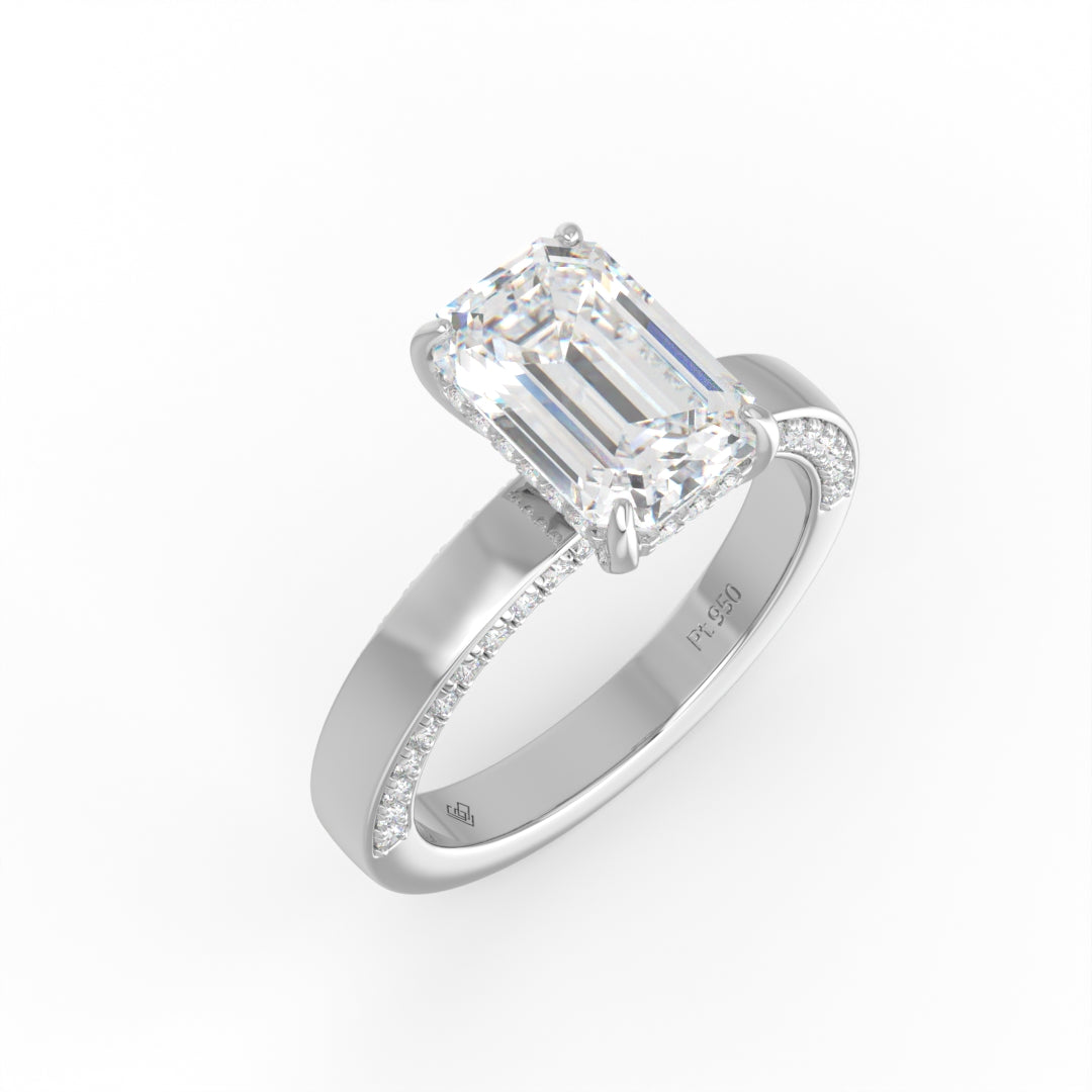 Celeste Emerald cut Lab Diamond with Cigar band and half set Diamond sides & hidden halo