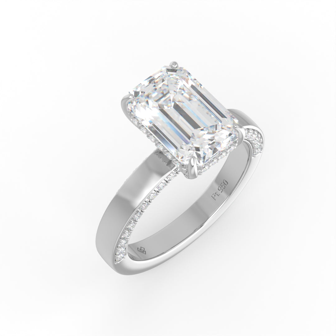 Celeste Emerald cut Lab Diamond with Cigar band and half set Diamond sides & hidden halo