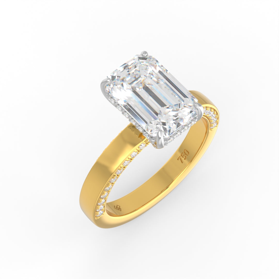 Celeste Emerald cut Lab Diamond with Cigar band and half set Diamond sides & hidden halo