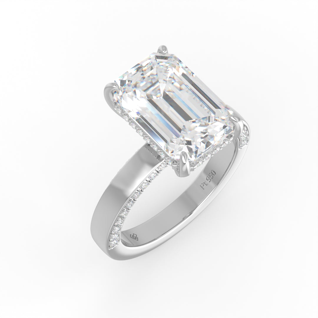 Celeste Emerald cut Lab Diamond with Cigar band and half set Diamond sides & hidden halo