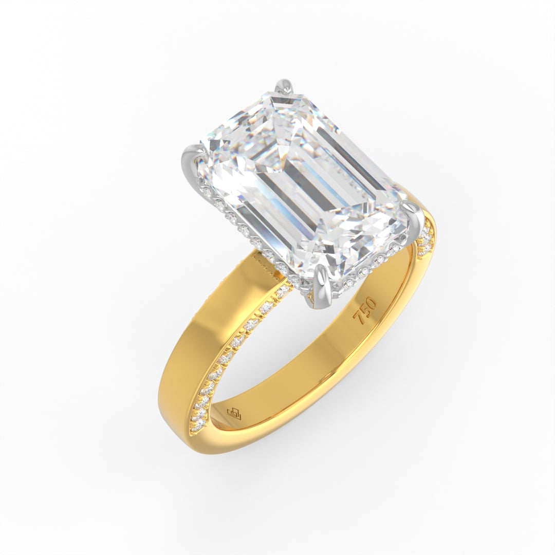 Celeste Emerald cut Lab Diamond with Cigar band and half set Diamond sides & hidden halo