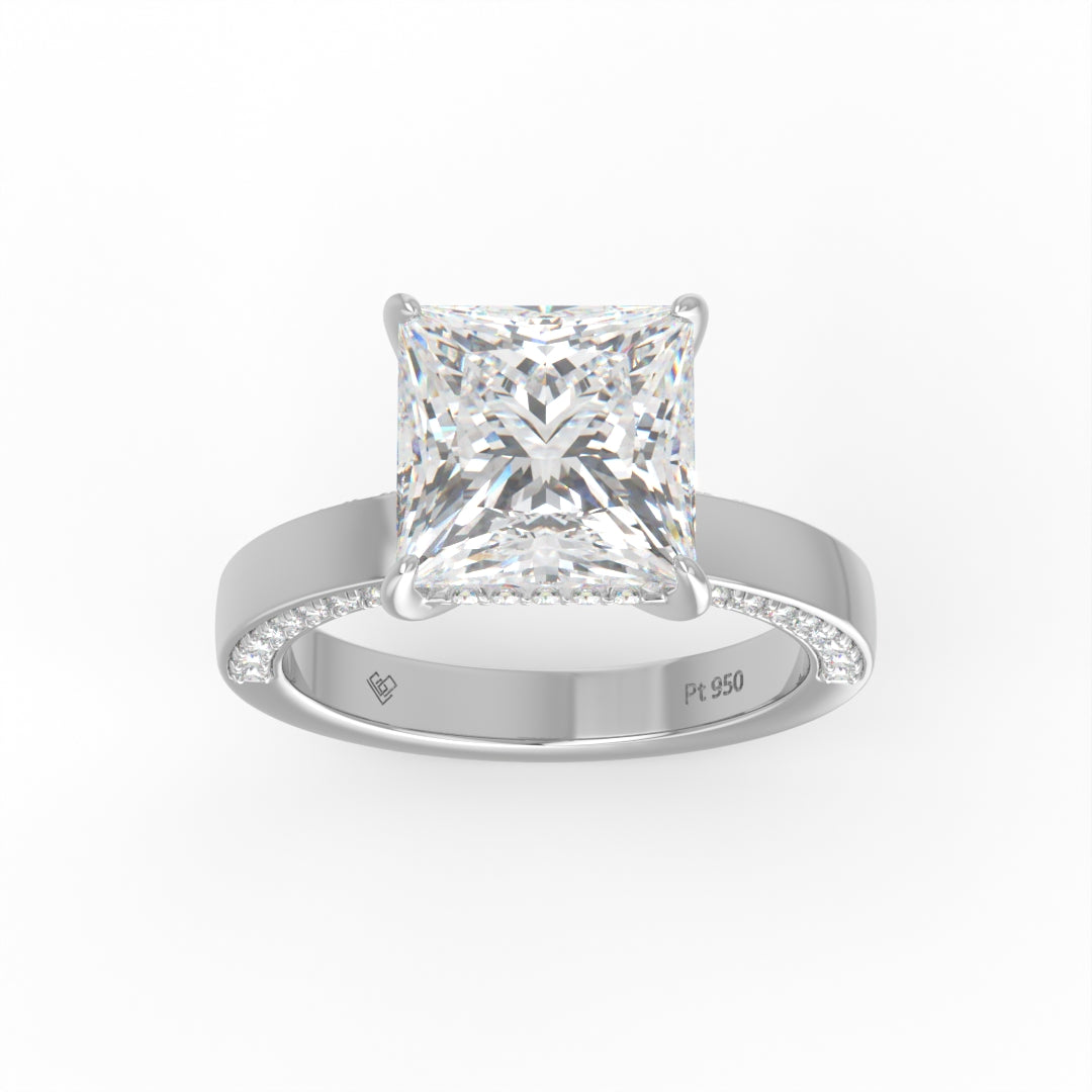 Celeste Princess cut Lab Diamond with Cigar band and half set Diamond sides & hidden halo