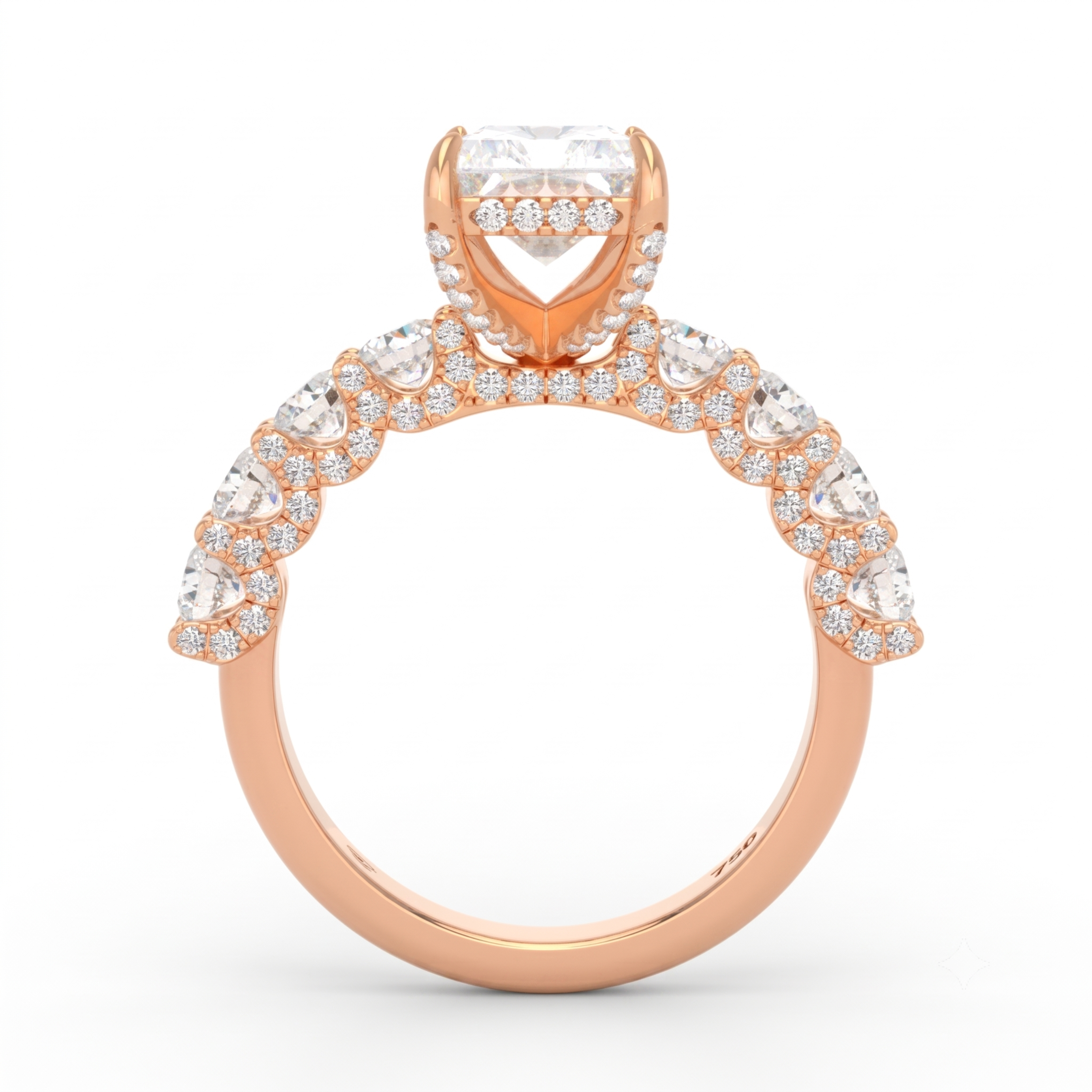Juliette Radiant Lab-Grown Diamond Engagement Ring featuring a Half-Set Diamond Band, Hidden Halo, and Pavé U-Shaped Prong Setting