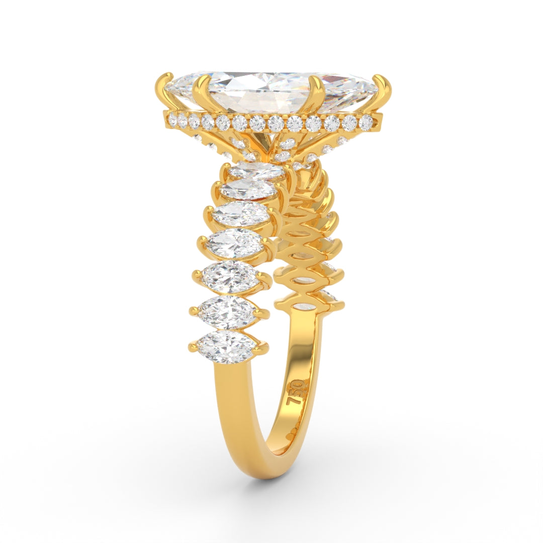 Vivien Marquise Brilliant Cut Engagement Ring with Marquise Brilliant Diamond Band and Wrap Around Hidden Halo