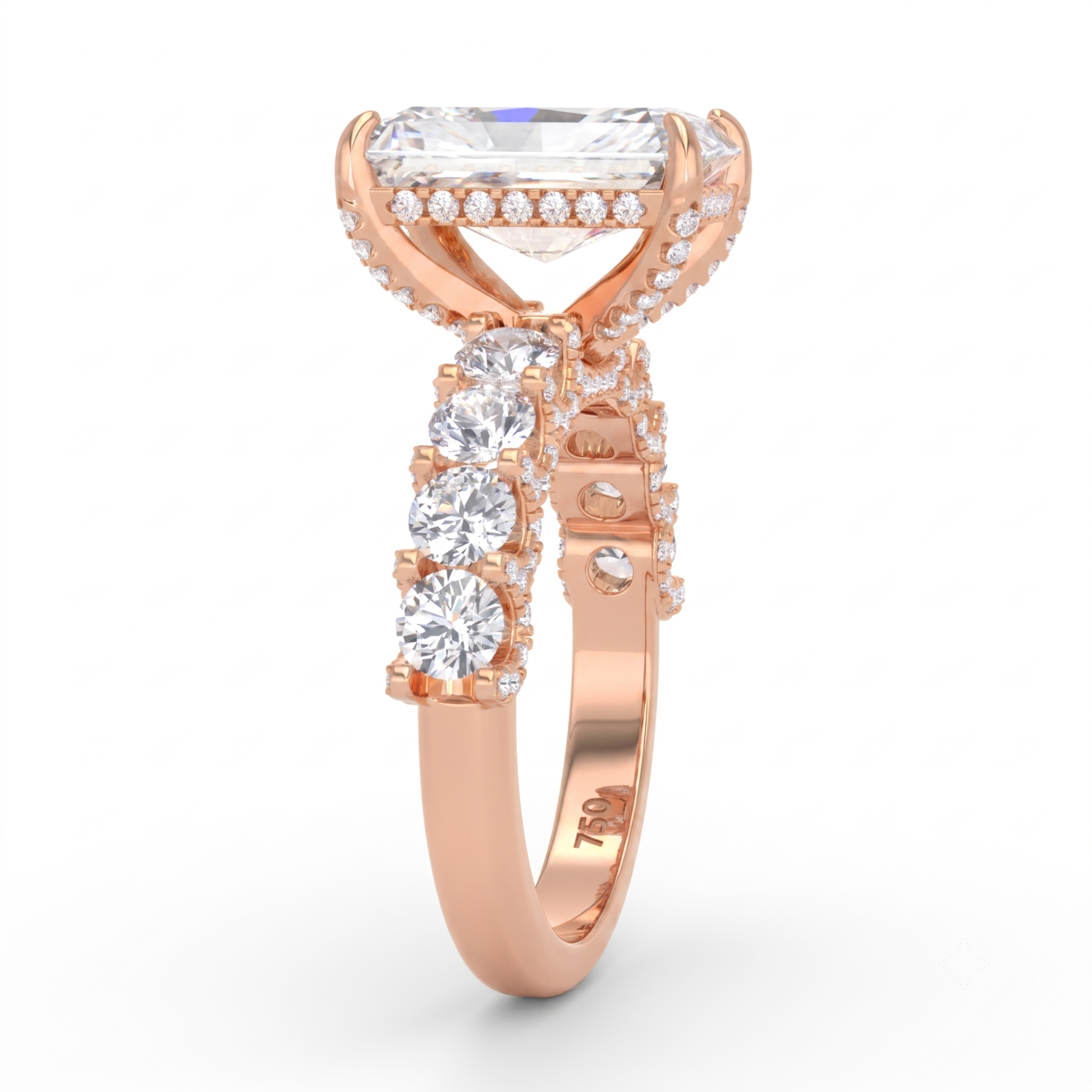 Juliette Radiant Lab-Grown Diamond Engagement Ring featuring a Half-Set Diamond Band, Hidden Halo, and Pavé U-Shaped Prong Setting