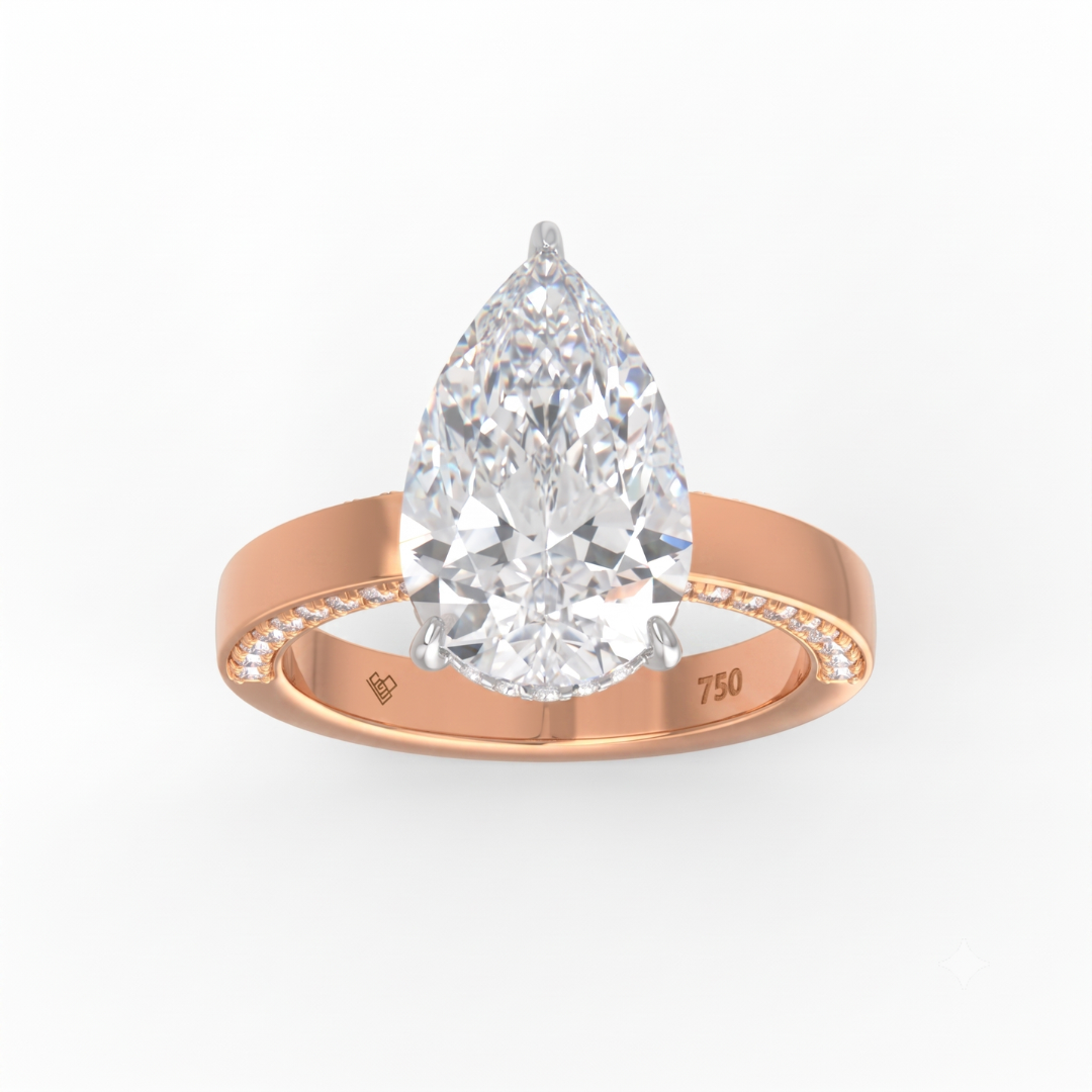 Celeste Pear cut Lab Diamond with Cigar band and half set Diamond sides & hidden halo