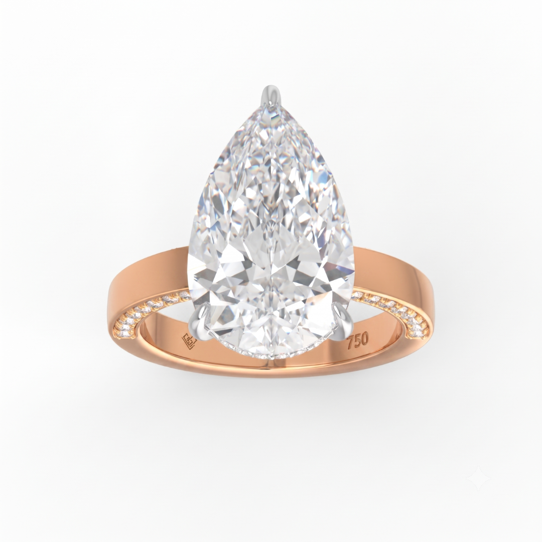 Celeste Pear cut Lab Diamond with Cigar band and half set Diamond sides & hidden halo
