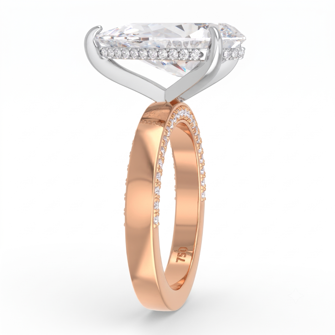 Celeste Pear cut Lab Diamond with Cigar band and half set Diamond sides & hidden halo
