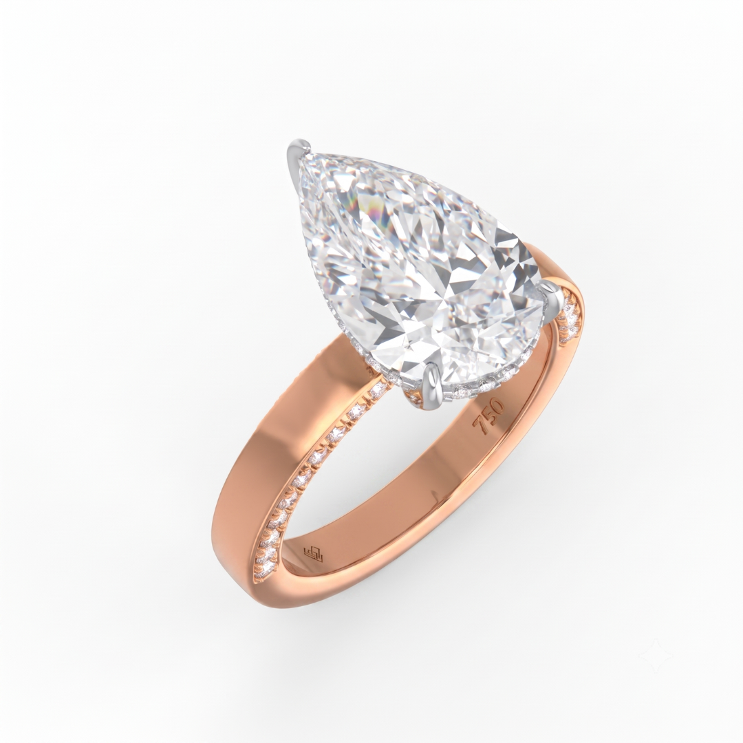 Celeste Pear cut Lab Diamond with Cigar band and half set Diamond sides & hidden halo