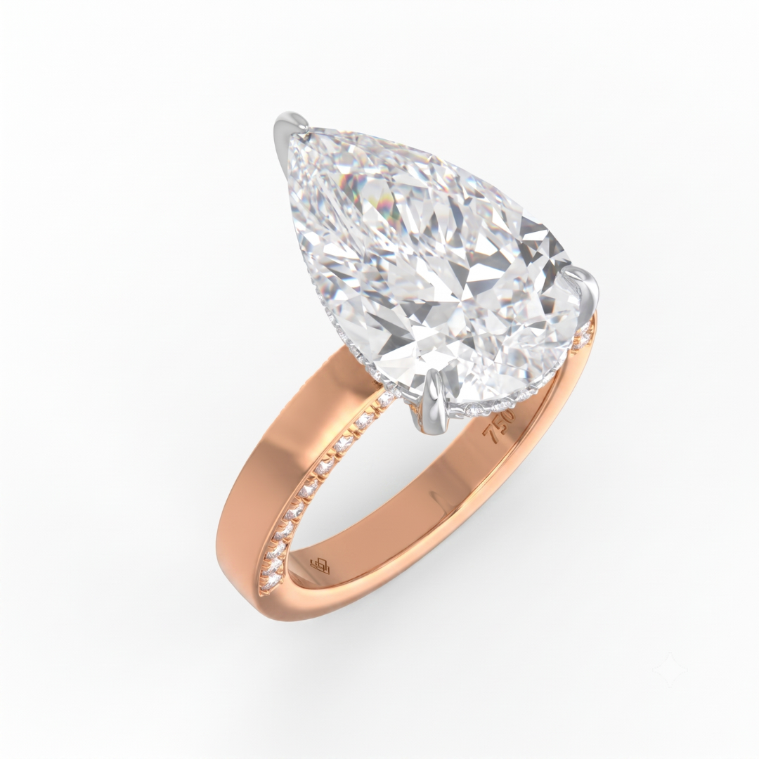 Celeste Pear cut Lab Diamond with Cigar band and half set Diamond sides & hidden halo