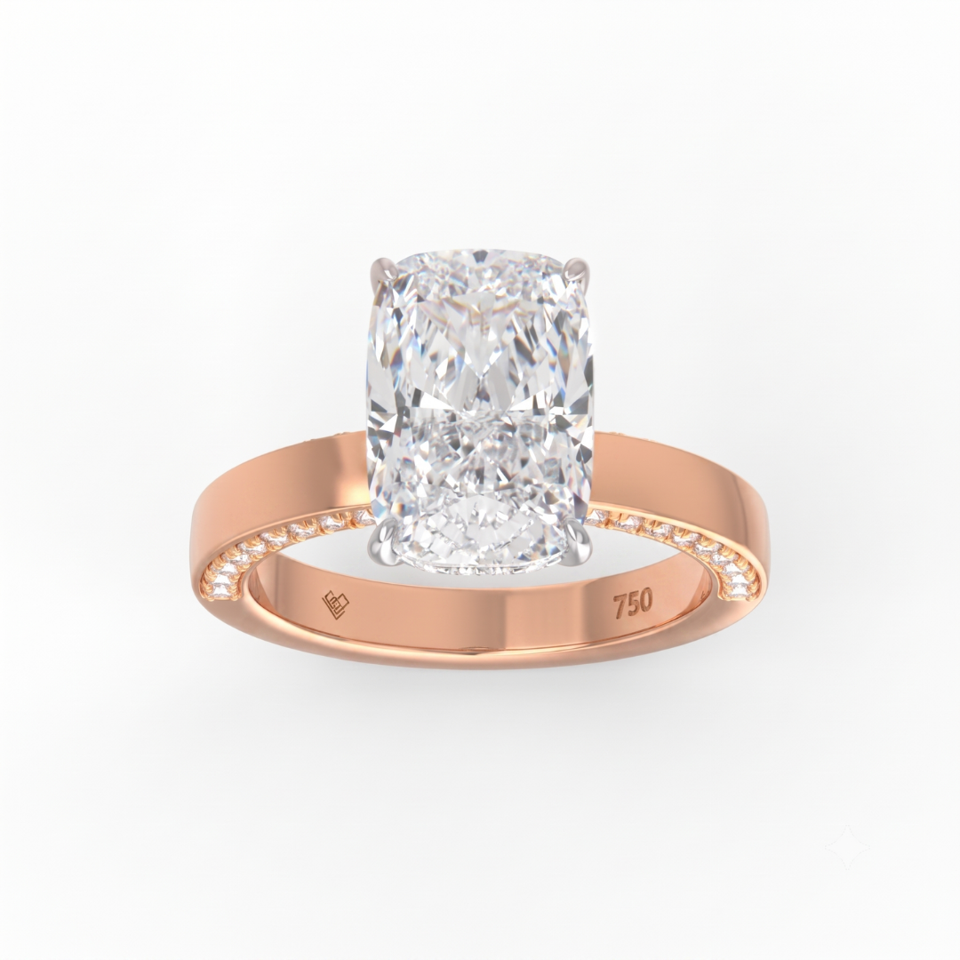 Celeste Cushion cut Lab Diamond with Cigar band and half set Diamond sides & hidden halo