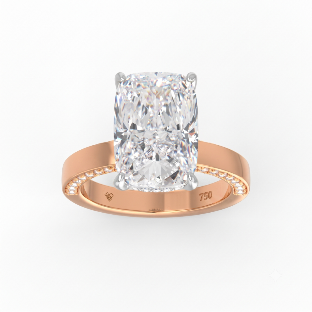 Celeste Cushion cut Lab Diamond with Cigar band and half set Diamond sides & hidden halo
