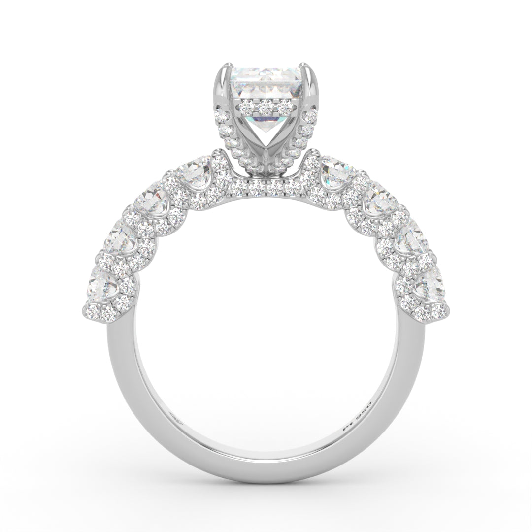 Juliette Emerald Lab-Grown Diamond Engagement Ring featuring a Half-Set Diamond Band, Hidden Halo, and Pavé U-Shaped Prong Setting