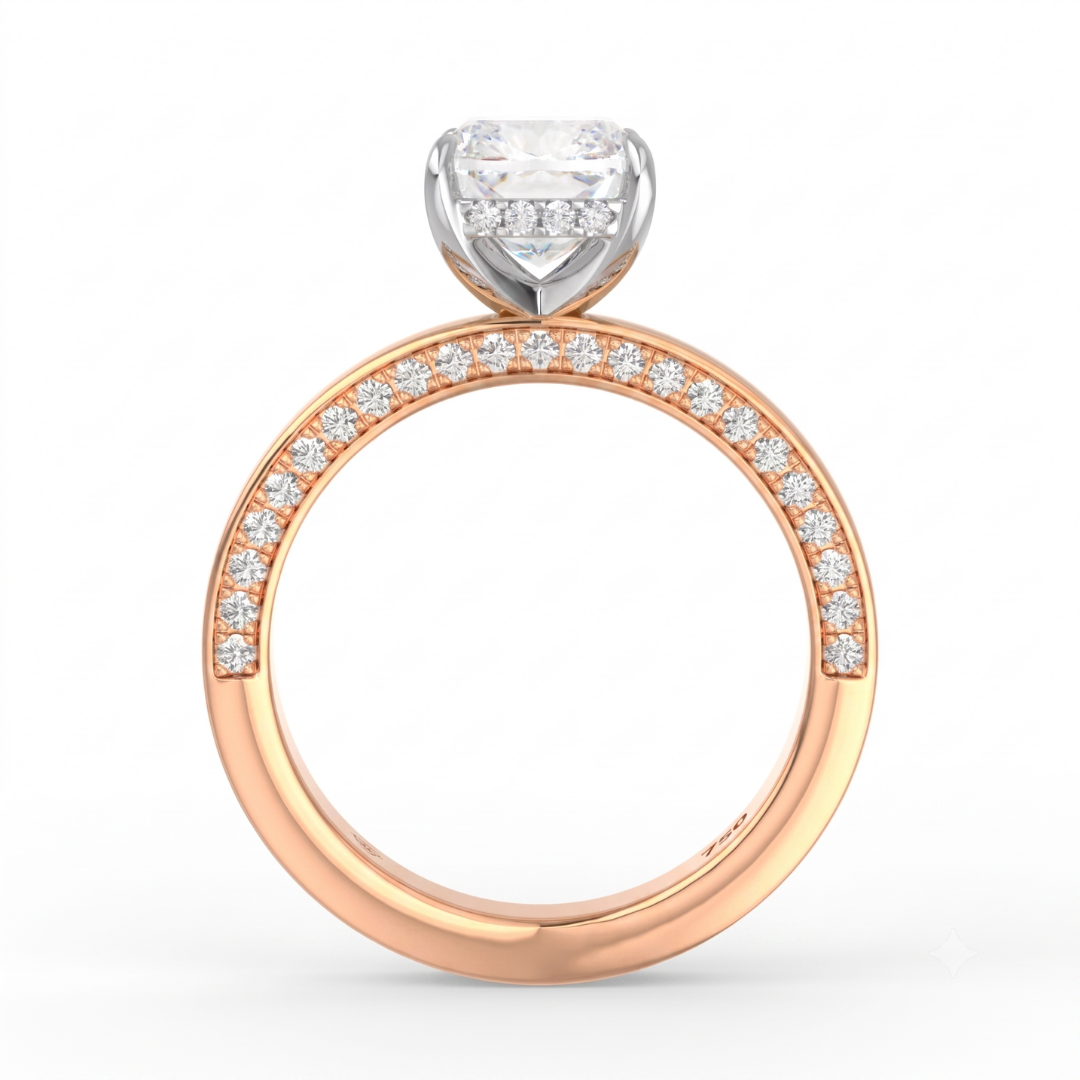 Celeste Cushion cut Lab Diamond with Cigar band and half set Diamond sides & hidden halo