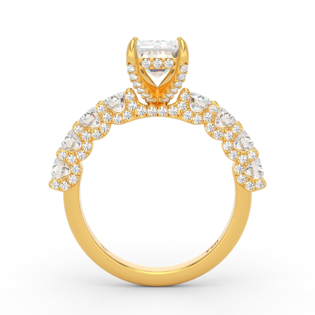 Juliette Emerald Lab-Grown Diamond Engagement Ring featuring a Half-Set Diamond Band, Hidden Halo, and Pavé U-Shaped Prong Setting