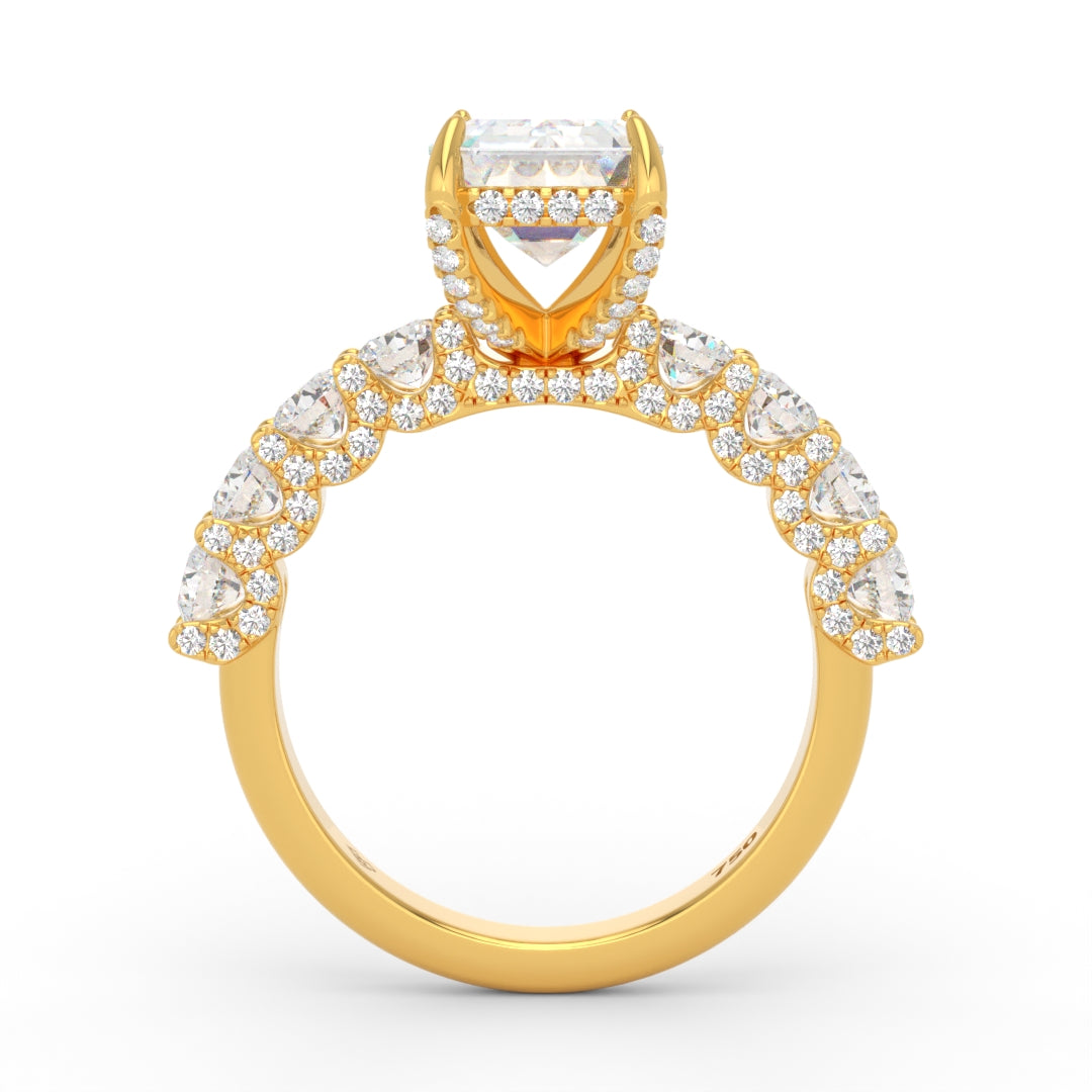 Juliette Emerald Lab-Grown Diamond Engagement Ring featuring a Half-Set Diamond Band, Hidden Halo, and Pavé U-Shaped Prong Setting