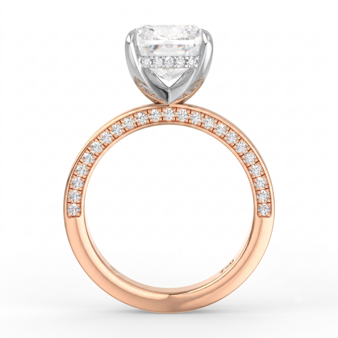 Celeste Cushion cut Lab Diamond with Cigar band and half set Diamond sides & hidden halo