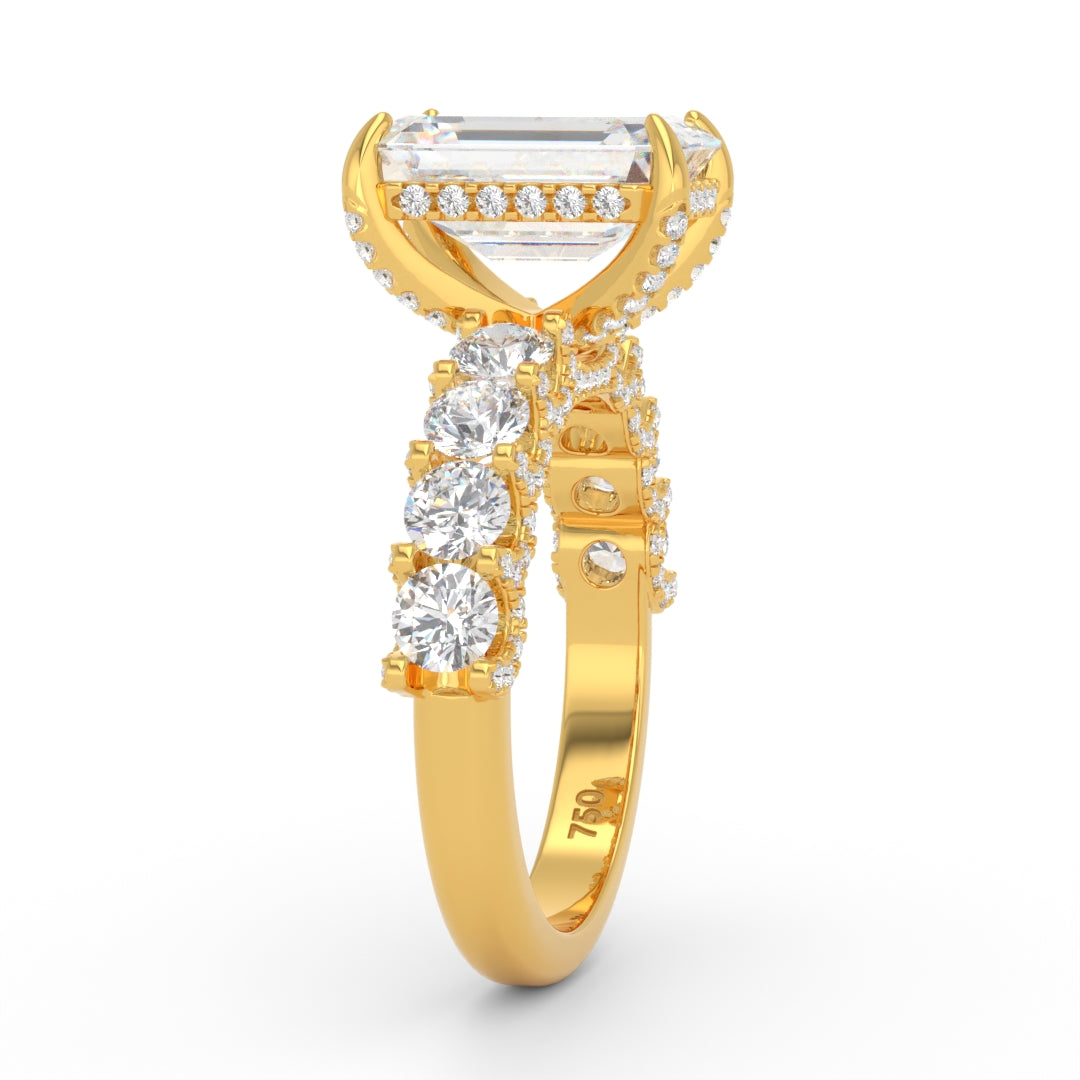 Juliette Emerald Lab-Grown Diamond Engagement Ring featuring a Half-Set Diamond Band, Hidden Halo, and Pavé U-Shaped Prong Setting