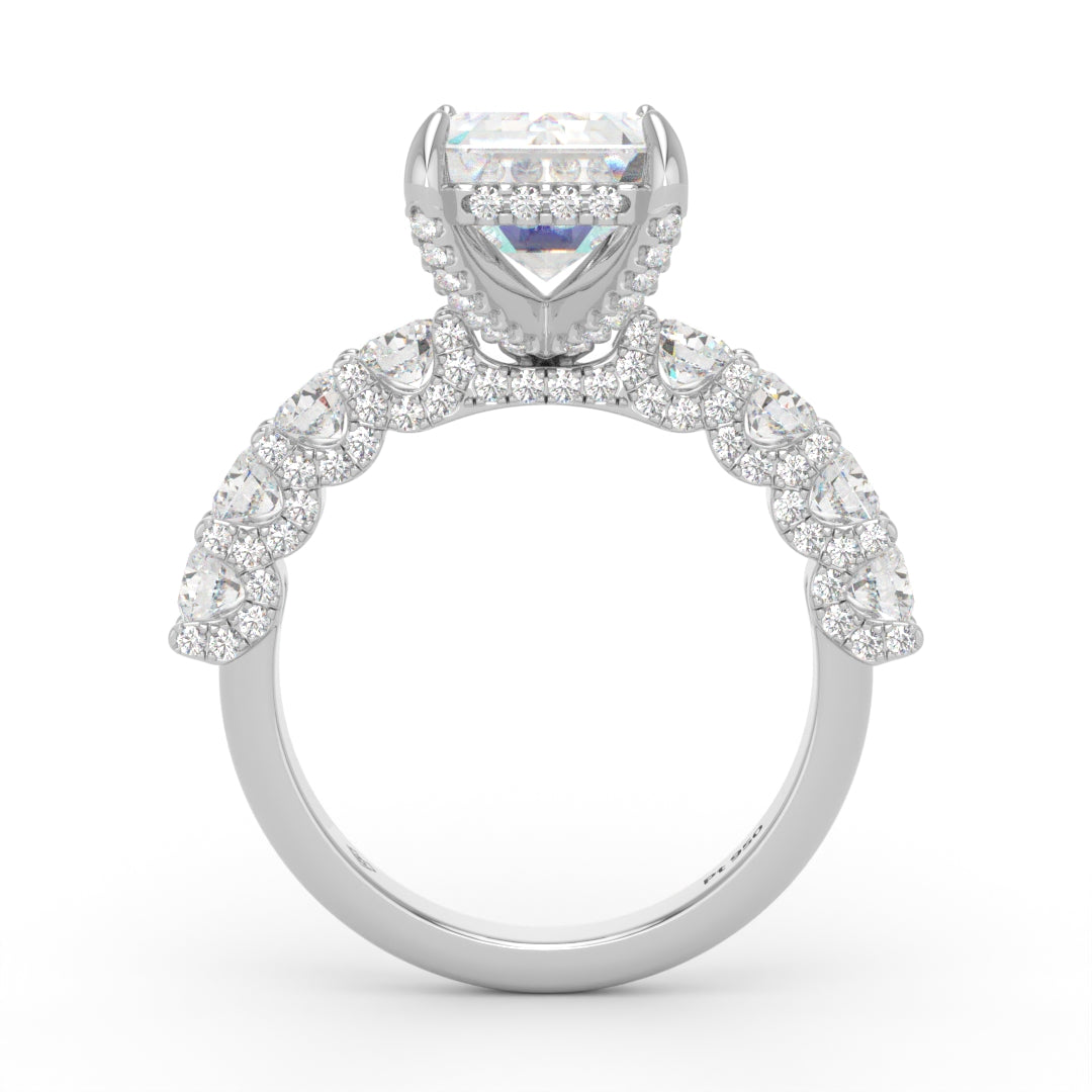 Juliette Emerald Lab-Grown Diamond Engagement Ring featuring a Half-Set Diamond Band, Hidden Halo, and Pavé U-Shaped Prong Setting