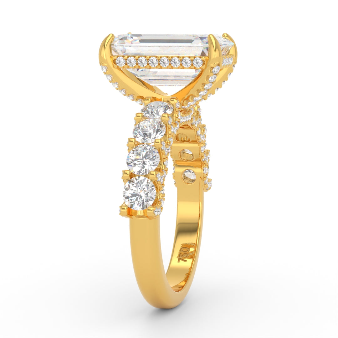 Juliette Emerald Lab-Grown Diamond Engagement Ring featuring a Half-Set Diamond Band, Hidden Halo, and Pavé U-Shaped Prong Setting