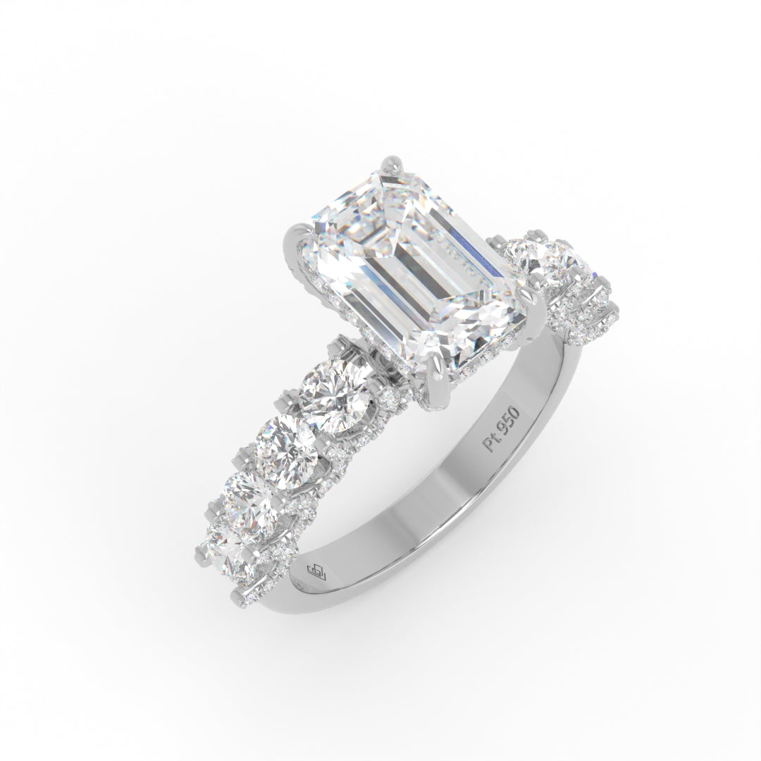 Juliette Emerald Lab-Grown Diamond Engagement Ring featuring a Half-Set Diamond Band, Hidden Halo, and Pavé U-Shaped Prong Setting