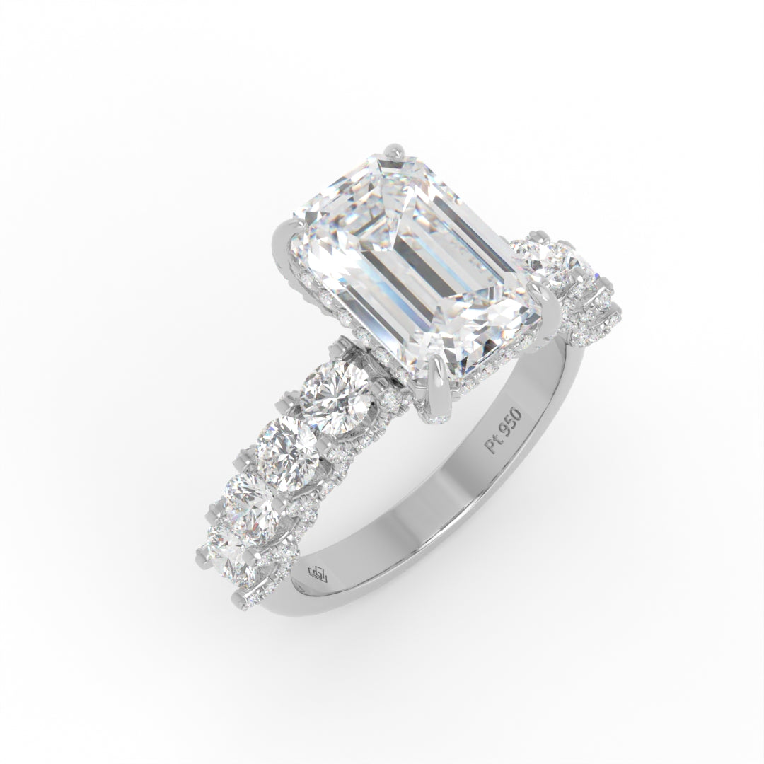Juliette Emerald Lab-Grown Diamond Engagement Ring featuring a Half-Set Diamond Band, Hidden Halo, and Pavé U-Shaped Prong Setting