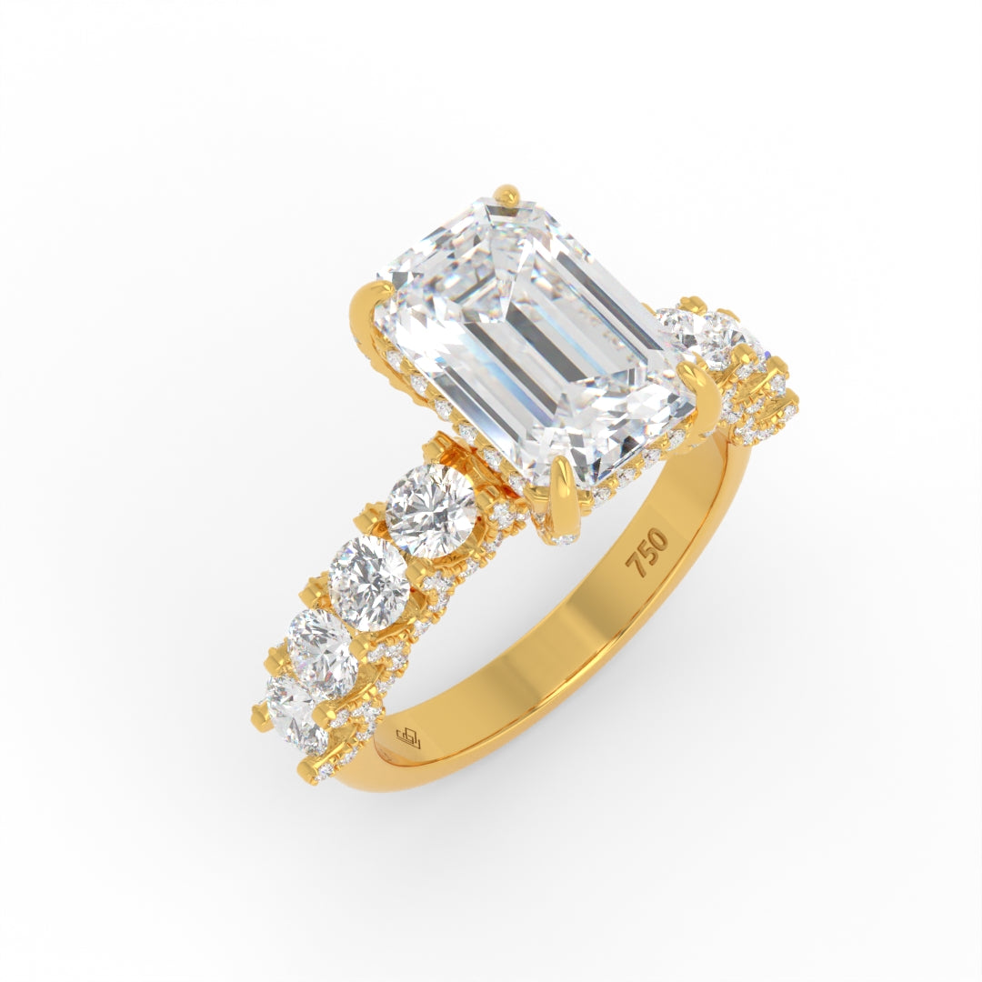 Juliette Emerald Lab-Grown Diamond Engagement Ring featuring a Half-Set Diamond Band, Hidden Halo, and Pavé U-Shaped Prong Setting