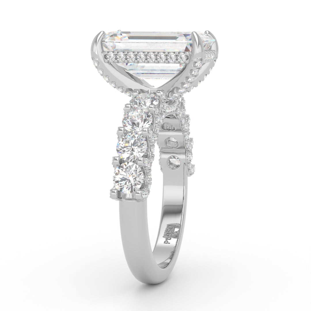 Juliette Emerald Lab-Grown Diamond Engagement Ring featuring a Half-Set Diamond Band, Hidden Halo, and Pavé U-Shaped Prong Setting