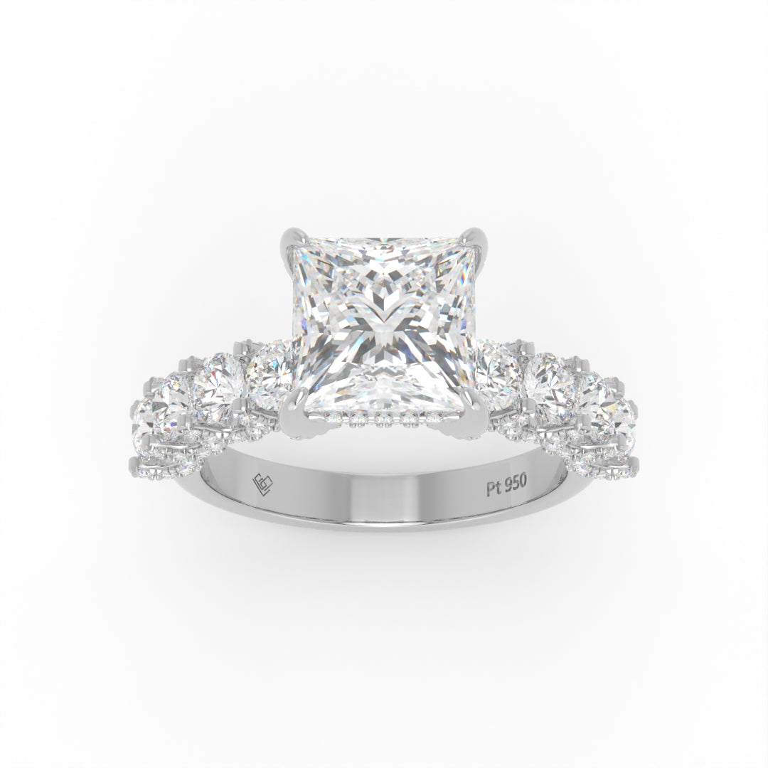 Juliette Princess Lab-Grown Diamond Engagement Ring featuring a Half-Set Diamond Band, Hidden Halo, and Pavé U-Shaped Prong Setting