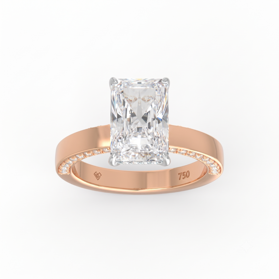Celeste Radiant cut Lab Diamond with Cigar band and half set Diamond sides & hidden halo