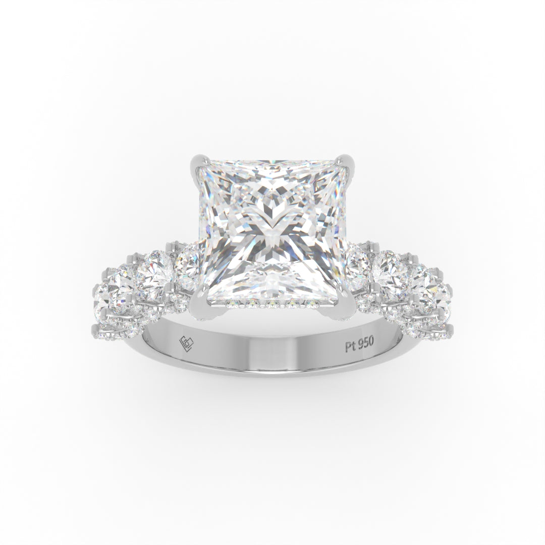 Juliette Princess Lab-Grown Diamond Engagement Ring featuring a Half-Set Diamond Band, Hidden Halo, and Pavé U-Shaped Prong Setting