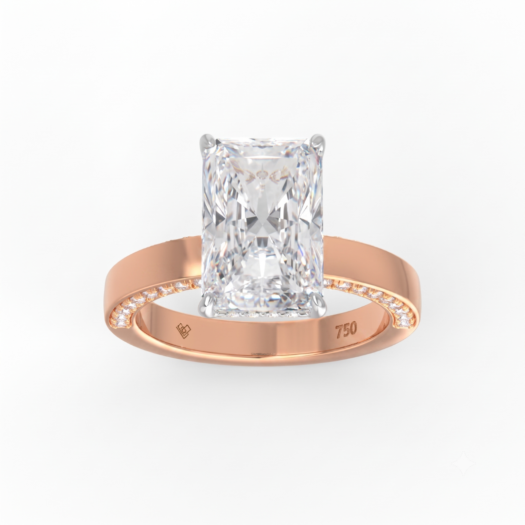 Celeste Radiant cut Lab Diamond with Cigar band and half set Diamond sides & hidden halo