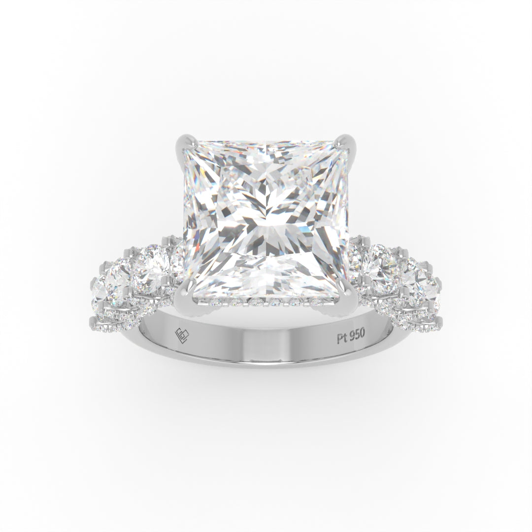 Juliette Princess Lab-Grown Diamond Engagement Ring featuring a Half-Set Diamond Band, Hidden Halo, and Pavé U-Shaped Prong Setting