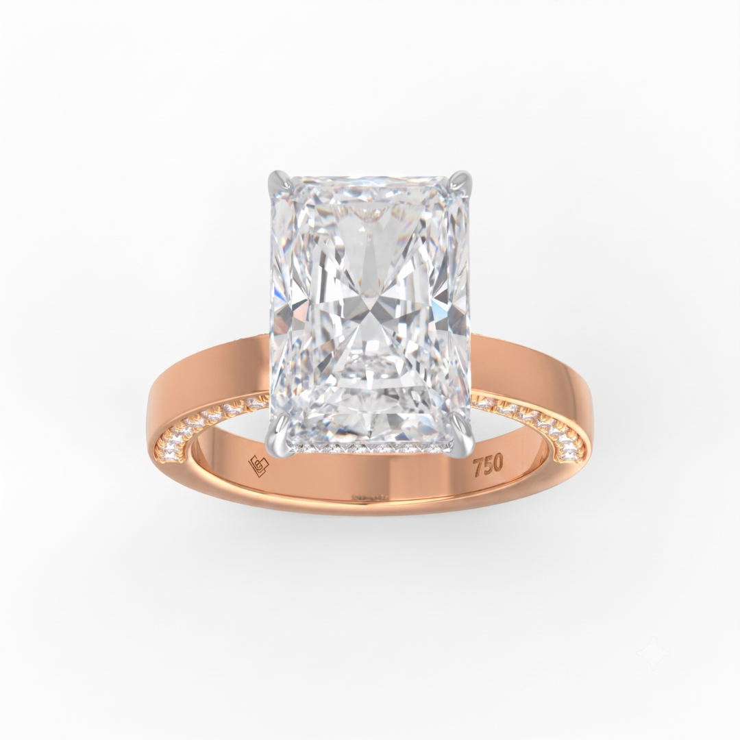 Celeste Radiant cut Lab Diamond with Cigar band and half set Diamond sides & hidden halo