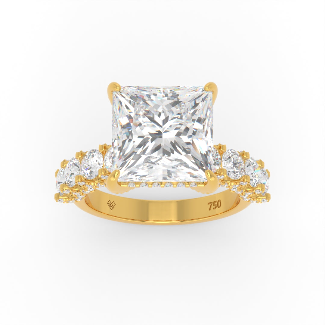 Juliette Princess Lab-Grown Diamond Engagement Ring featuring a Half-Set Diamond Band, Hidden Halo, and Pavé U-Shaped Prong Setting