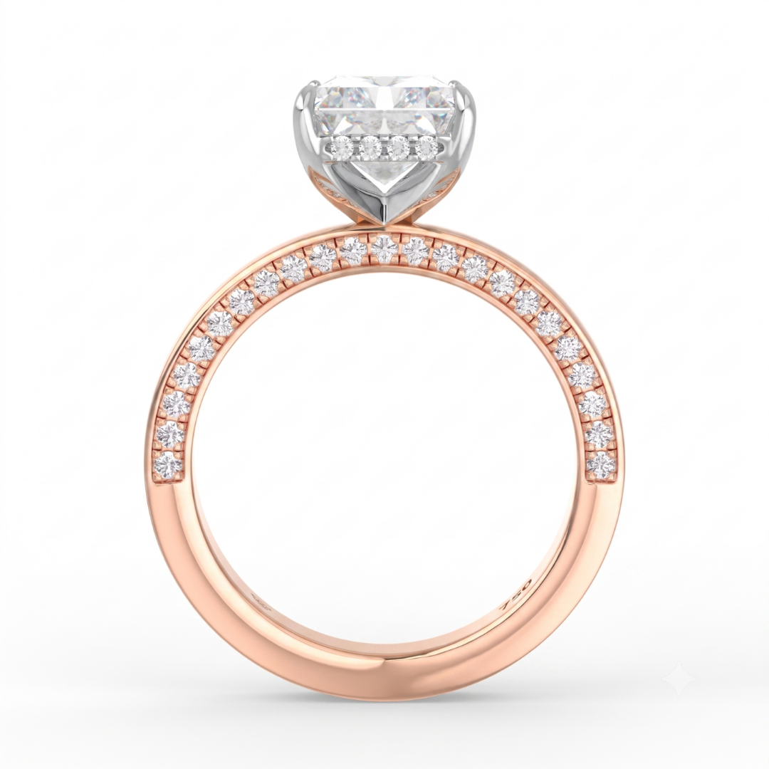 Celeste Radiant cut Lab Diamond with Cigar band and half set Diamond sides & hidden halo