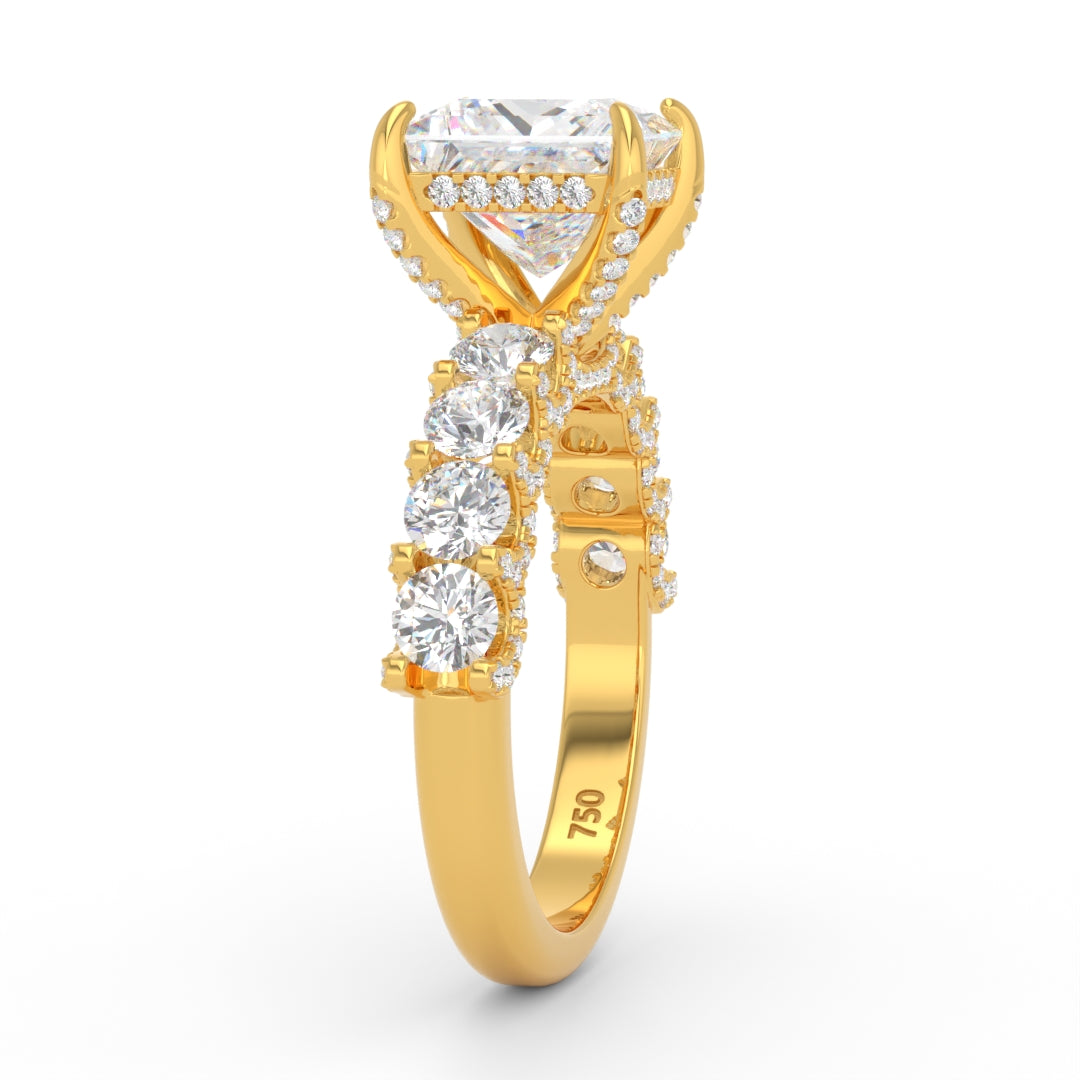Juliette Princess Lab-Grown Diamond Engagement Ring featuring a Half-Set Diamond Band, Hidden Halo, and Pavé U-Shaped Prong Setting