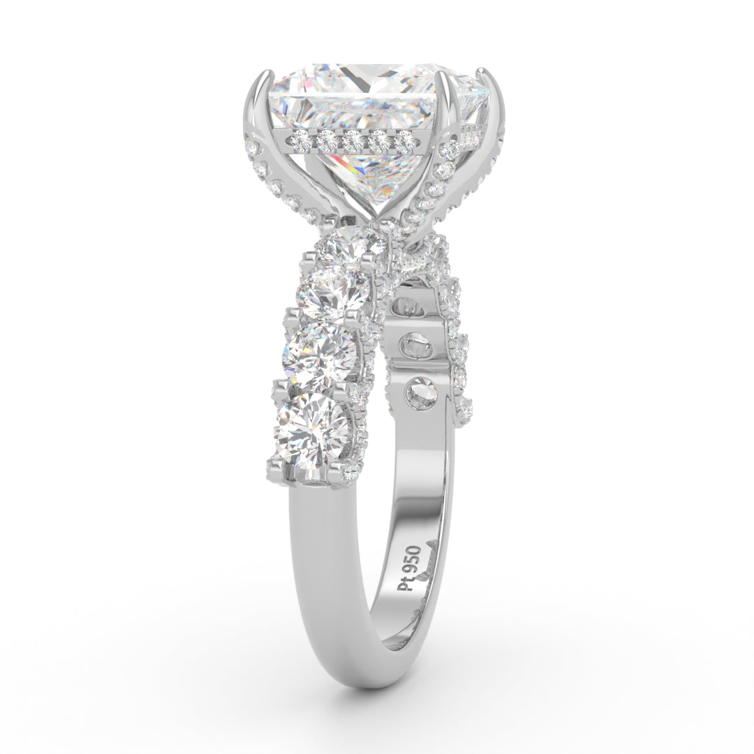 Juliette Princess Lab-Grown Diamond Engagement Ring featuring a Half-Set Diamond Band, Hidden Halo, and Pavé U-Shaped Prong Setting