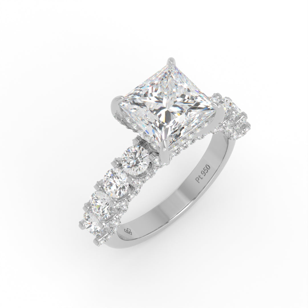 Juliette Princess Lab-Grown Diamond Engagement Ring featuring a Half-Set Diamond Band, Hidden Halo, and Pavé U-Shaped Prong Setting