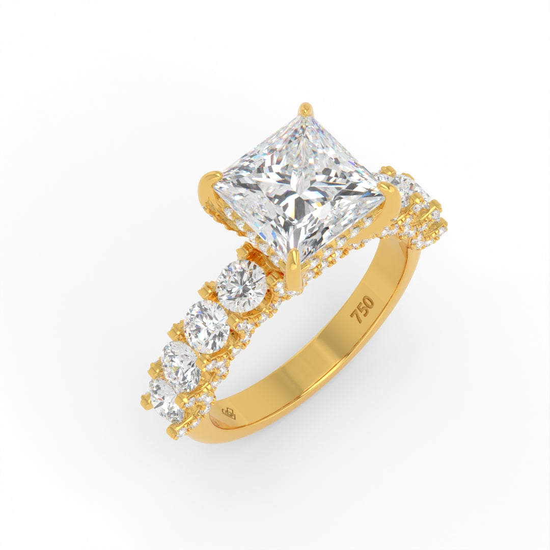 Juliette Princess Lab-Grown Diamond Engagement Ring featuring a Half-Set Diamond Band, Hidden Halo, and Pavé U-Shaped Prong Setting