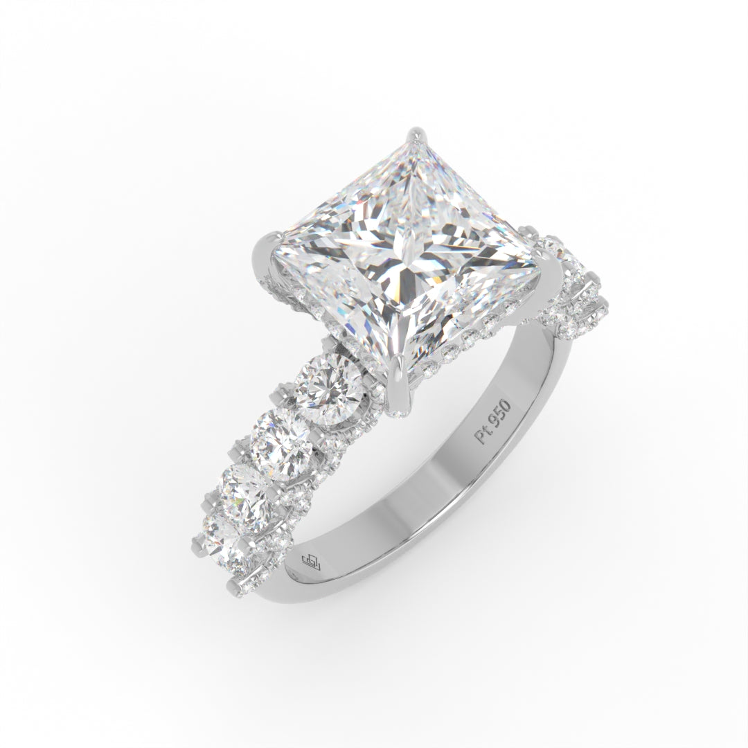 Juliette Princess Lab-Grown Diamond Engagement Ring featuring a Half-Set Diamond Band, Hidden Halo, and Pavé U-Shaped Prong Setting