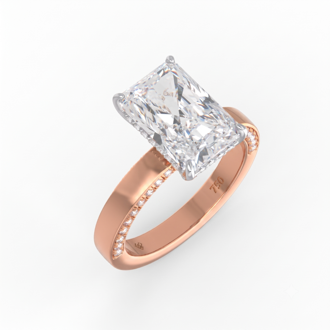 Celeste Radiant cut Lab Diamond with Cigar band and half set Diamond sides & hidden halo
