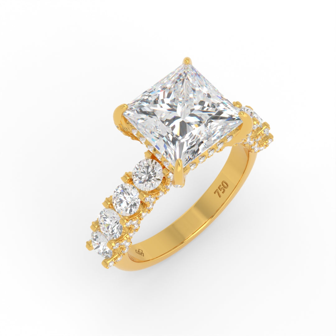 Juliette Princess Lab-Grown Diamond Engagement Ring featuring a Half-Set Diamond Band, Hidden Halo, and Pavé U-Shaped Prong Setting