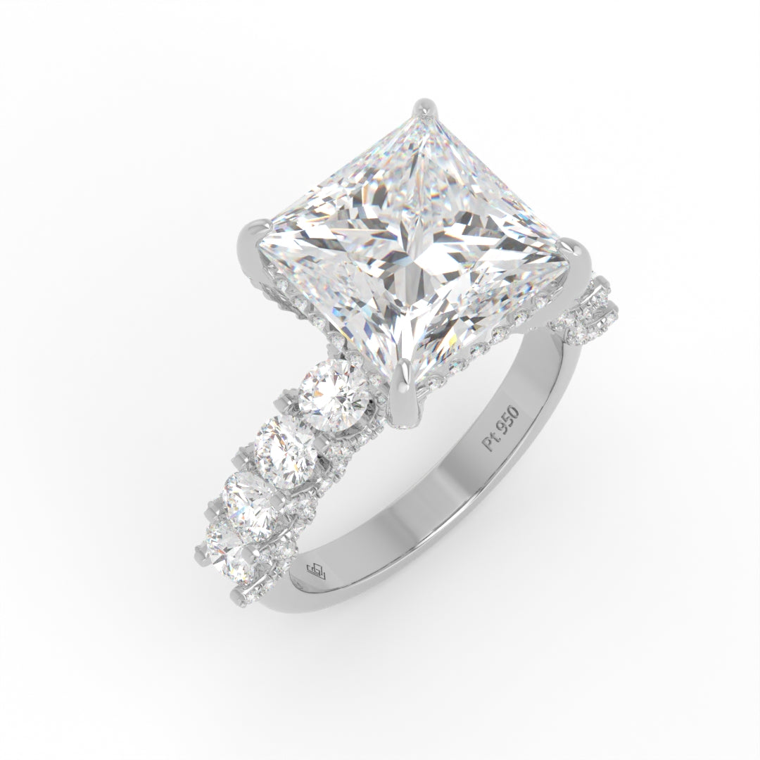 Juliette Princess Lab-Grown Diamond Engagement Ring featuring a Half-Set Diamond Band, Hidden Halo, and Pavé U-Shaped Prong Setting