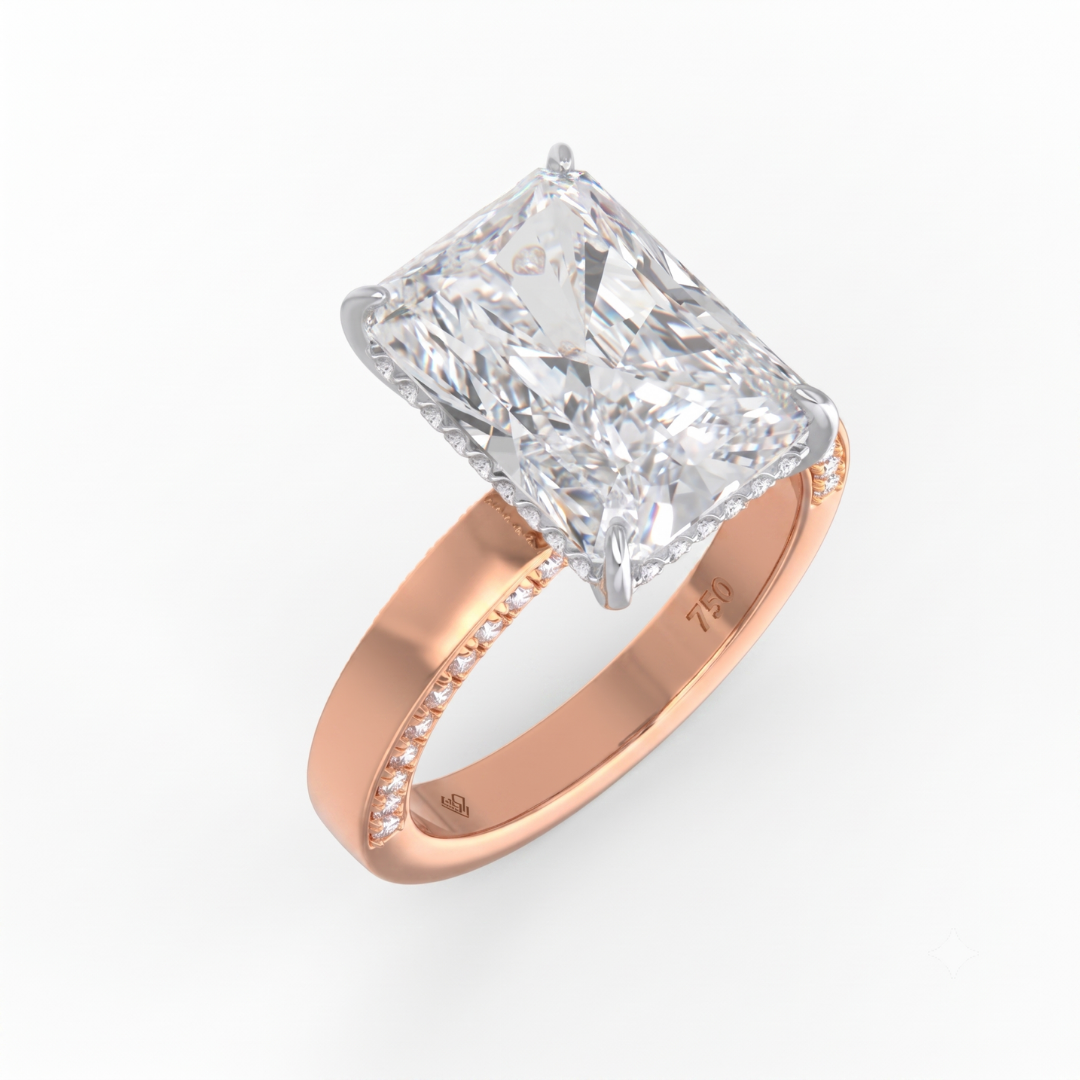 Celeste Radiant cut Lab Diamond with Cigar band and half set Diamond sides & hidden halo