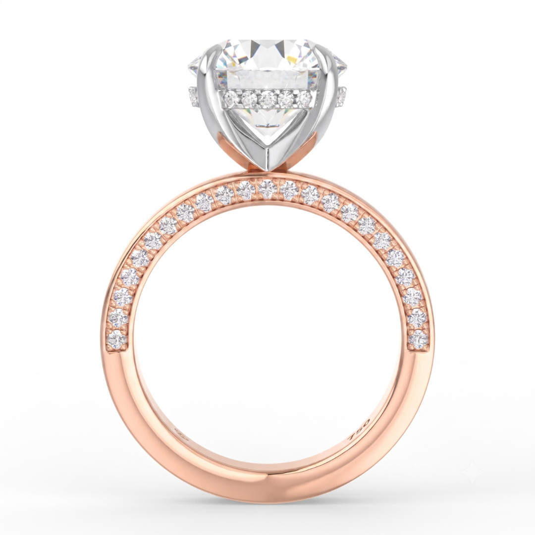 Celeste Round cut Lab Diamond with Cigar Band and Half set Diamond Sides & Hidden Halo