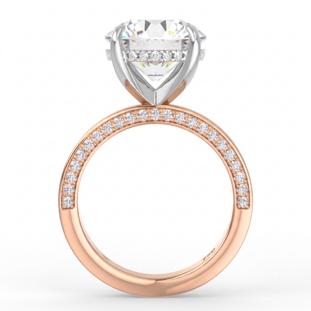 Celeste Round cut Lab Diamond with Cigar Band and Half set Diamond Sides & Hidden Halo