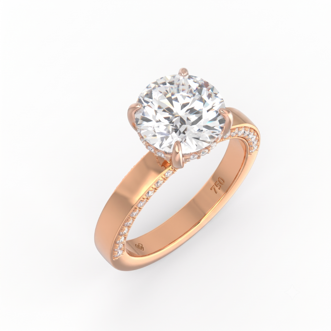 Celeste Round cut Lab Diamond with Cigar Band and Half set Diamond Sides & Hidden Halo